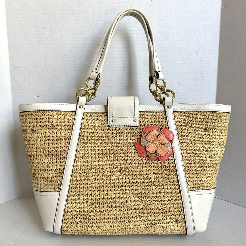 Coach Hampton Floral Applique Straw Weekend Coral White Tote Shoulder Bag 19347 - Picture 3 of 16